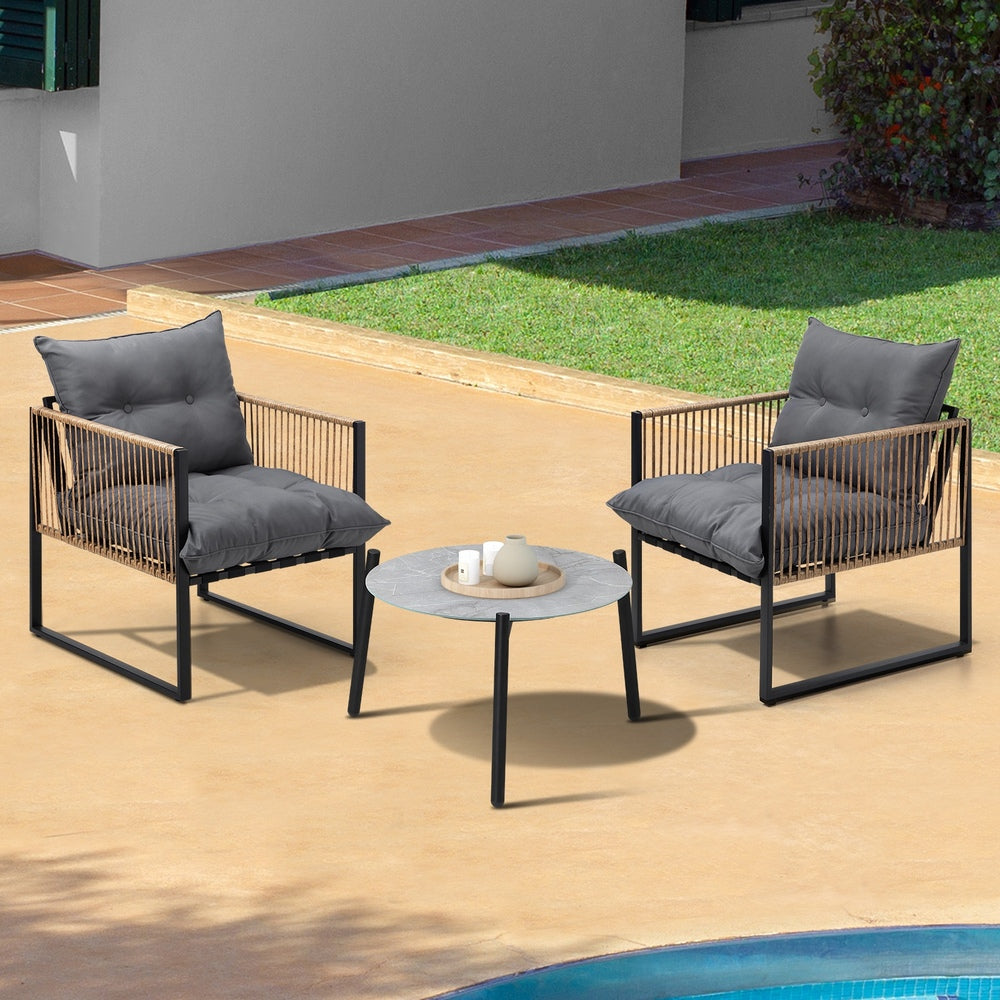 3PCS Outdoor Patio Set Grey 50cm Coffee Table Rattan Chairs