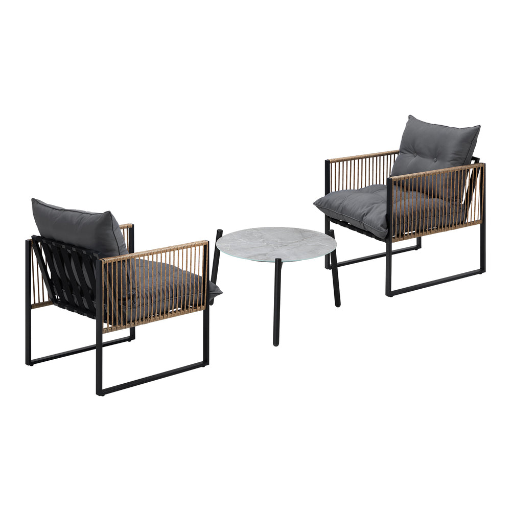 3PCS Outdoor Patio Set Grey 50cm Coffee Table Rattan Chairs