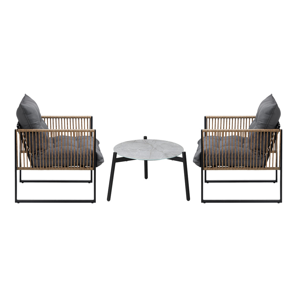 3PCS Outdoor Patio Set Grey 50cm Coffee Table Rattan Chairs