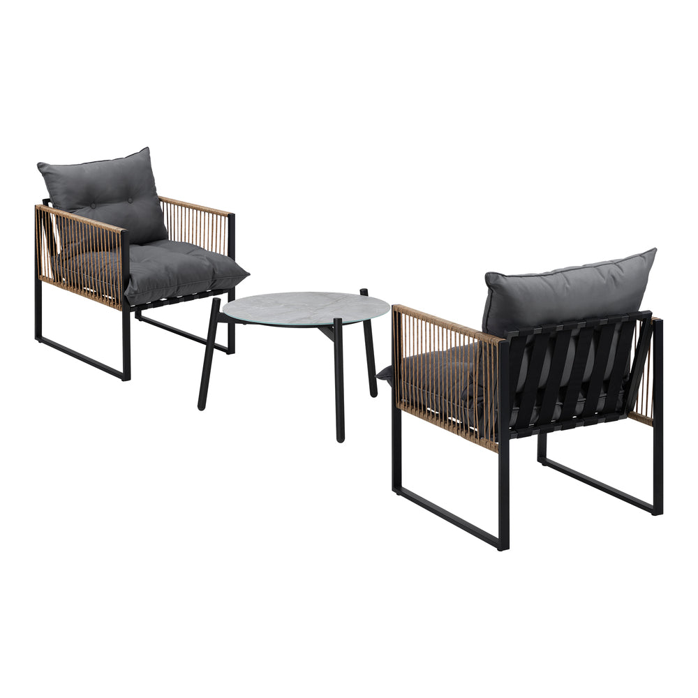 3PCS Outdoor Patio Set Grey 50cm Coffee Table Rattan Chairs
