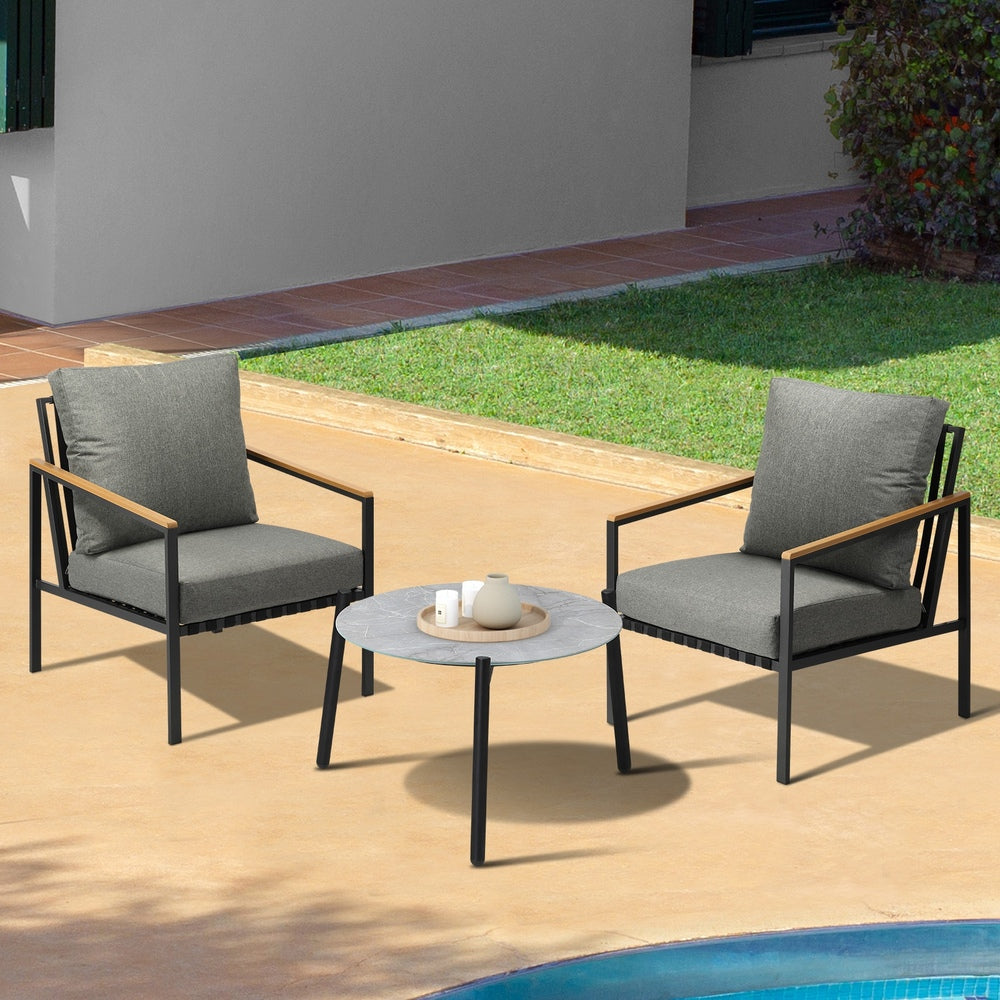 3PCS Outdoor Patio Lounge Set Grey 50cm Coffee Table Sofa Chairs