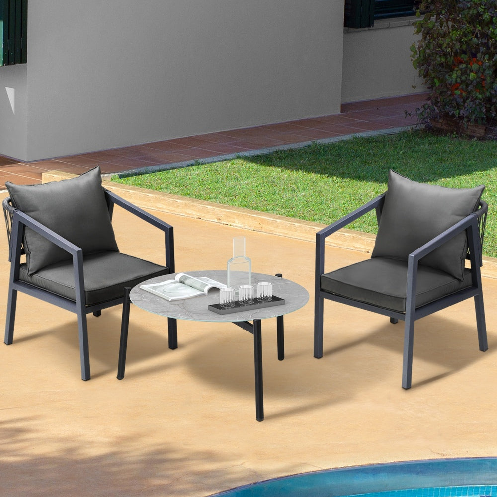 3PCS Outdoor Patio Set 70cm Coffee Table Grey Chairs