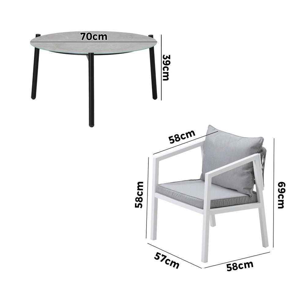 Livsip 3PCS Outdoor Patio Set 70cm Coffee Table White Chairs