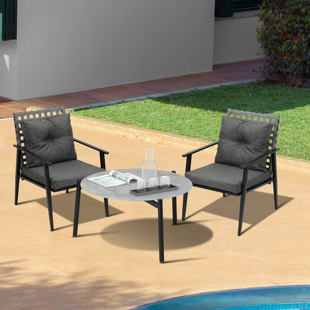 Livsip 3PC Outdoor Patio Set 70CM Grey Marble Table Rattan Chairs