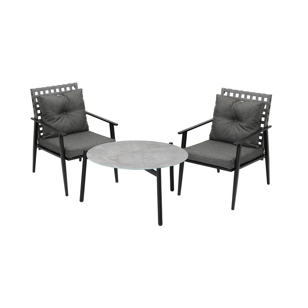 Livsip 3PC Outdoor Patio Set 70CM Grey Marble Table Rattan Chairs