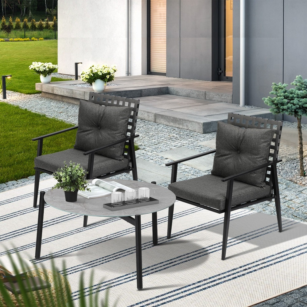 Livsip 3PC Outdoor Patio Set 70CM Grey Marble Table Rattan Chairs