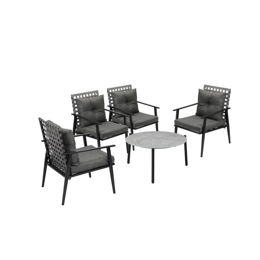 5pc Outdoor Patio Set 70CM Grey Marble Table Rattan Chairs