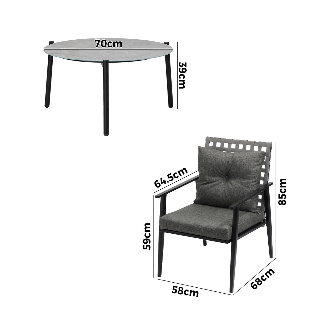 5pc Outdoor Patio Set 70CM Grey Marble Table Rattan Chairs