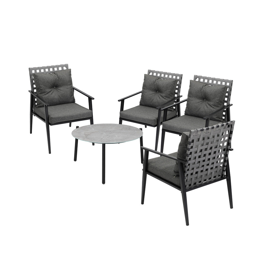 5pc Outdoor Patio Set 70CM Grey Marble Table Rattan Chairs