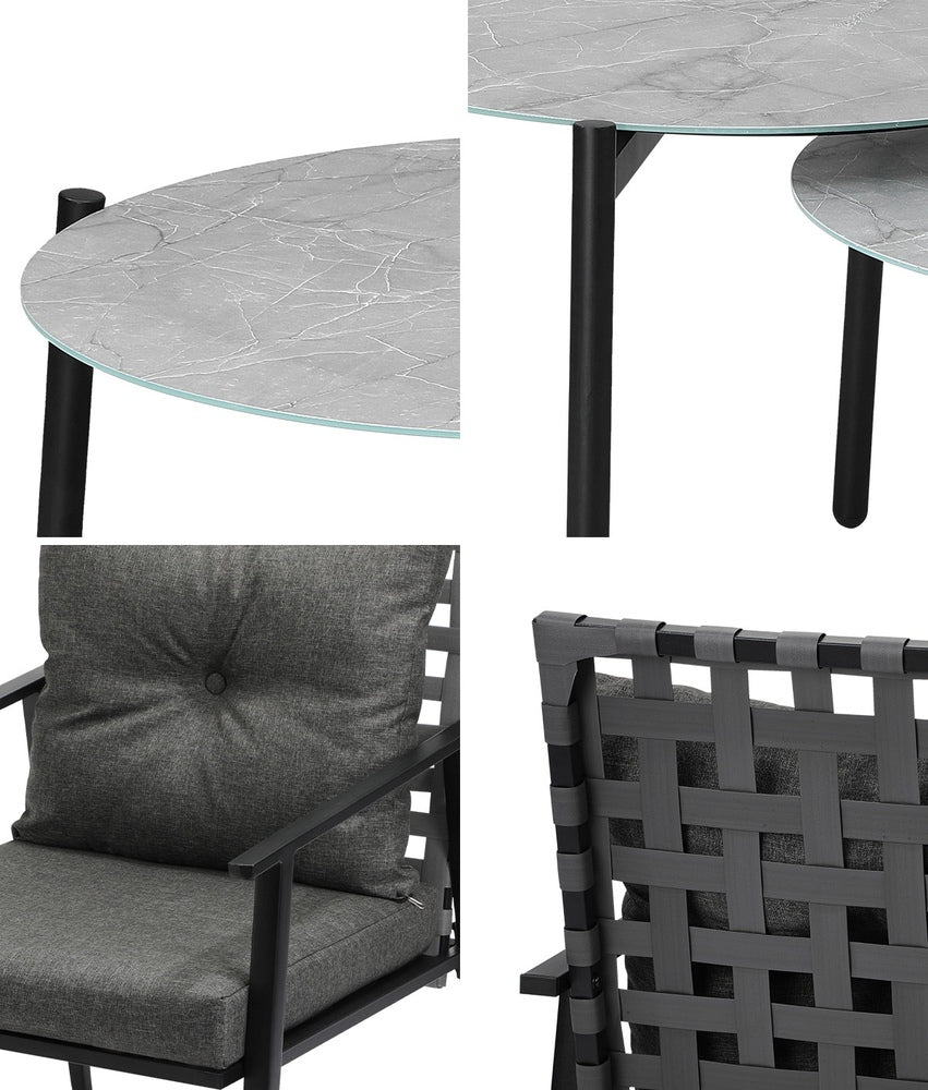 5pc Outdoor Patio Set 70CM Grey Marble Table Rattan Chairs