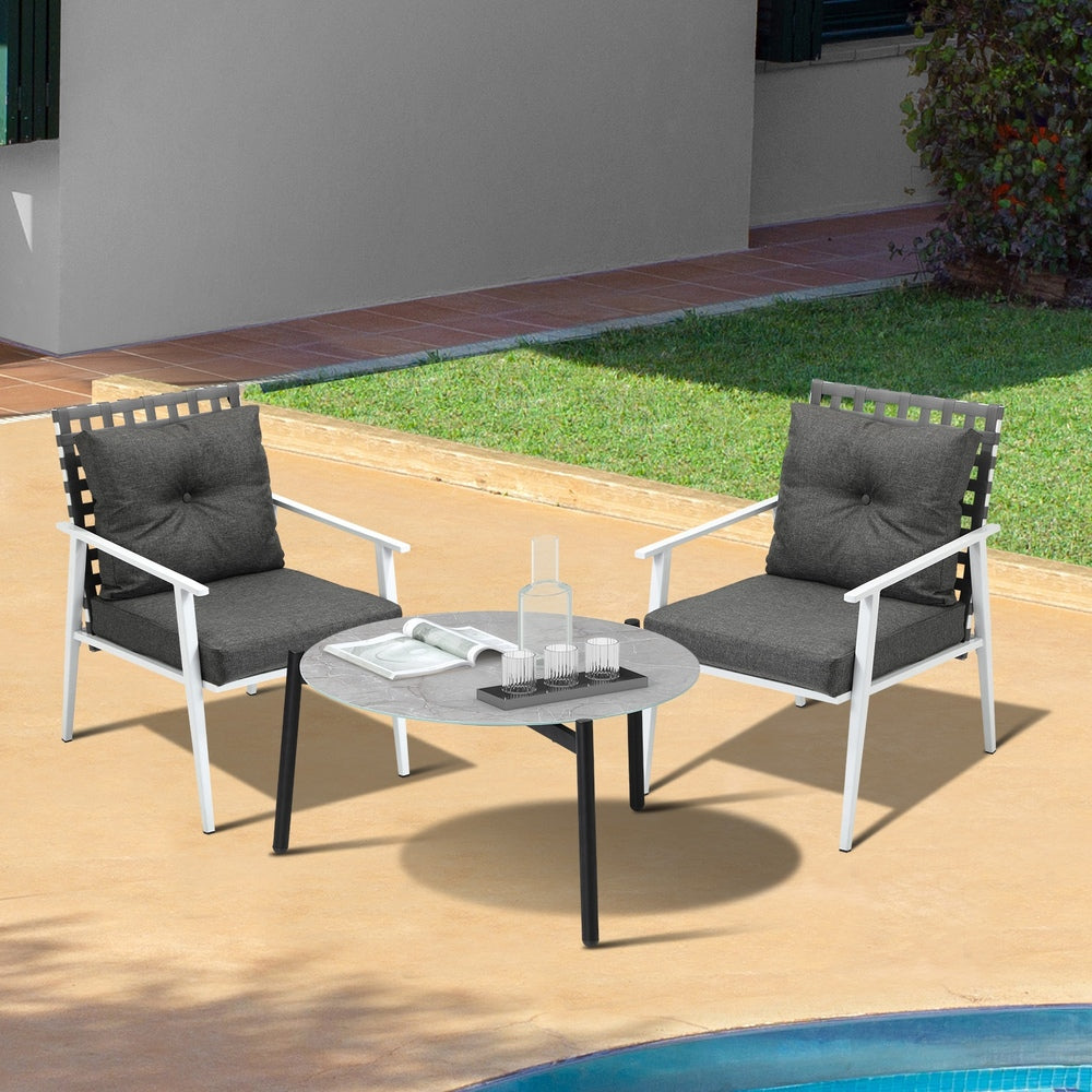 Livsip 3pc Outdoor Lounge Sets 70CM Grey Round Table Rattan Chairs