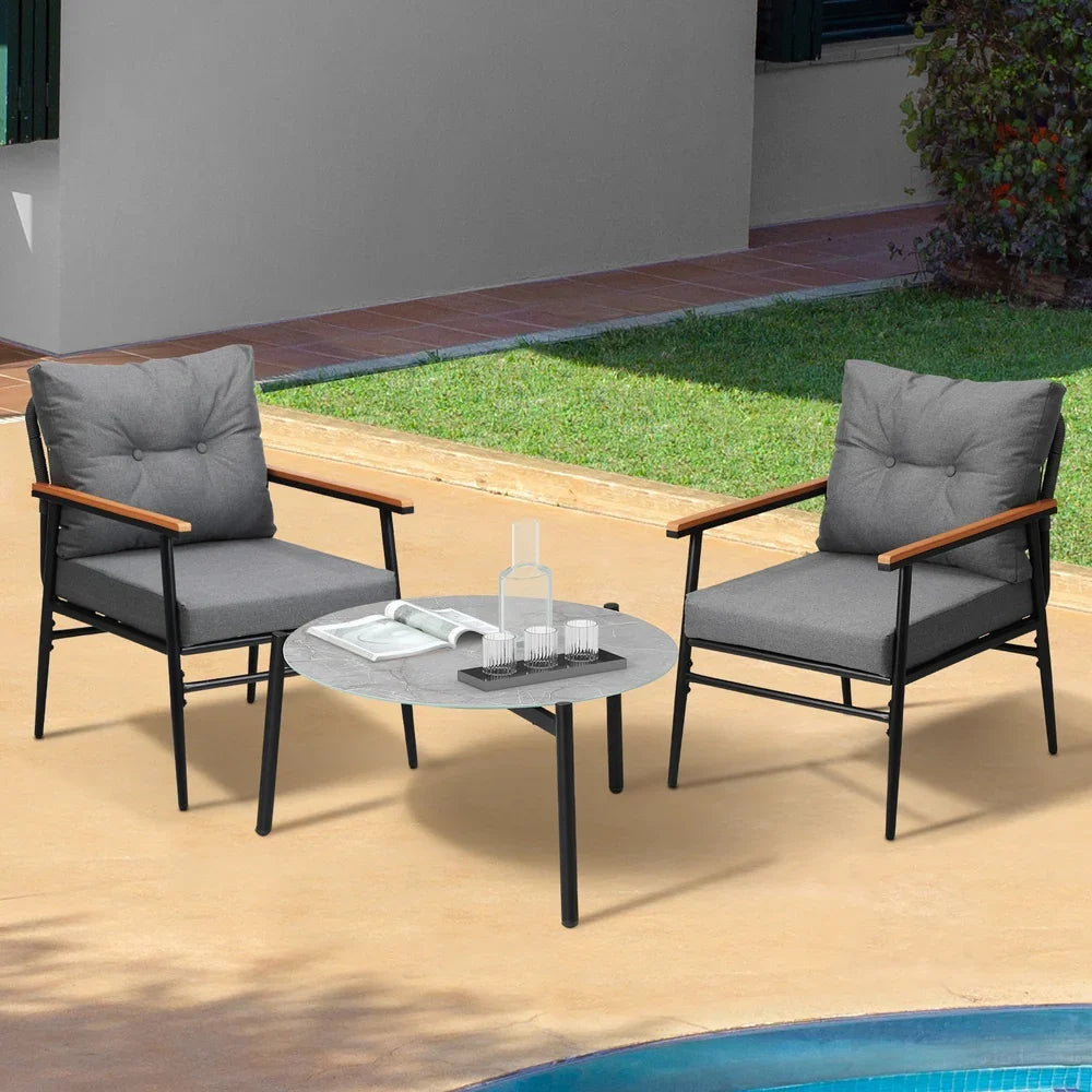 3PC Outdoor Patio Set 70cm Table Grey and Black Armchairs