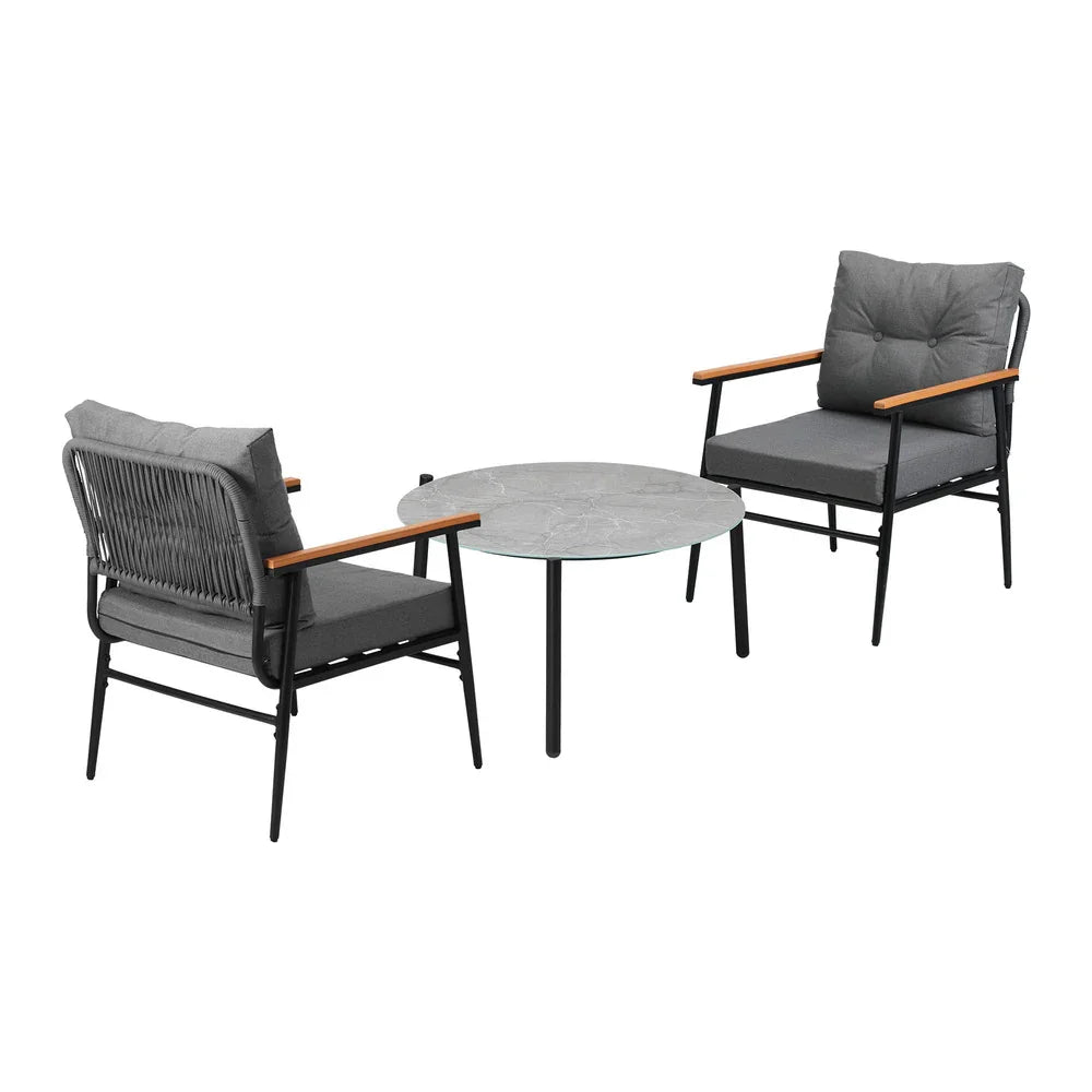 3PC Outdoor Patio Set 70cm Table Grey and Black Armchairs