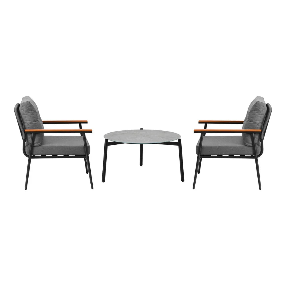 3PC Outdoor Patio Set 70cm Table Grey and Black Armchairs