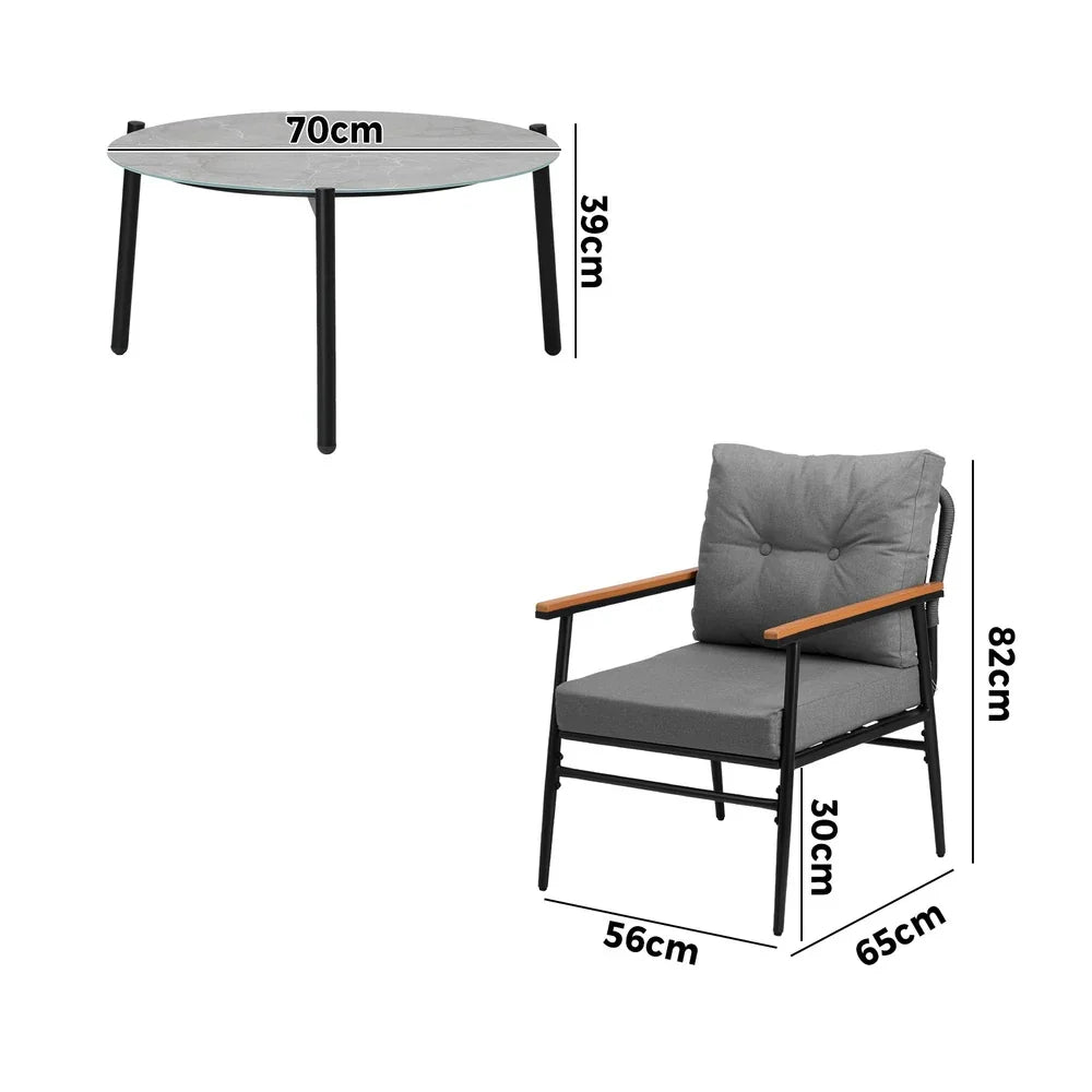 3PC Outdoor Patio Set 70cm Table Grey and Black Armchairs