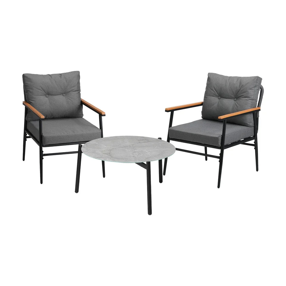 3PC Outdoor Patio Set 70cm Table Grey and Black Armchairs