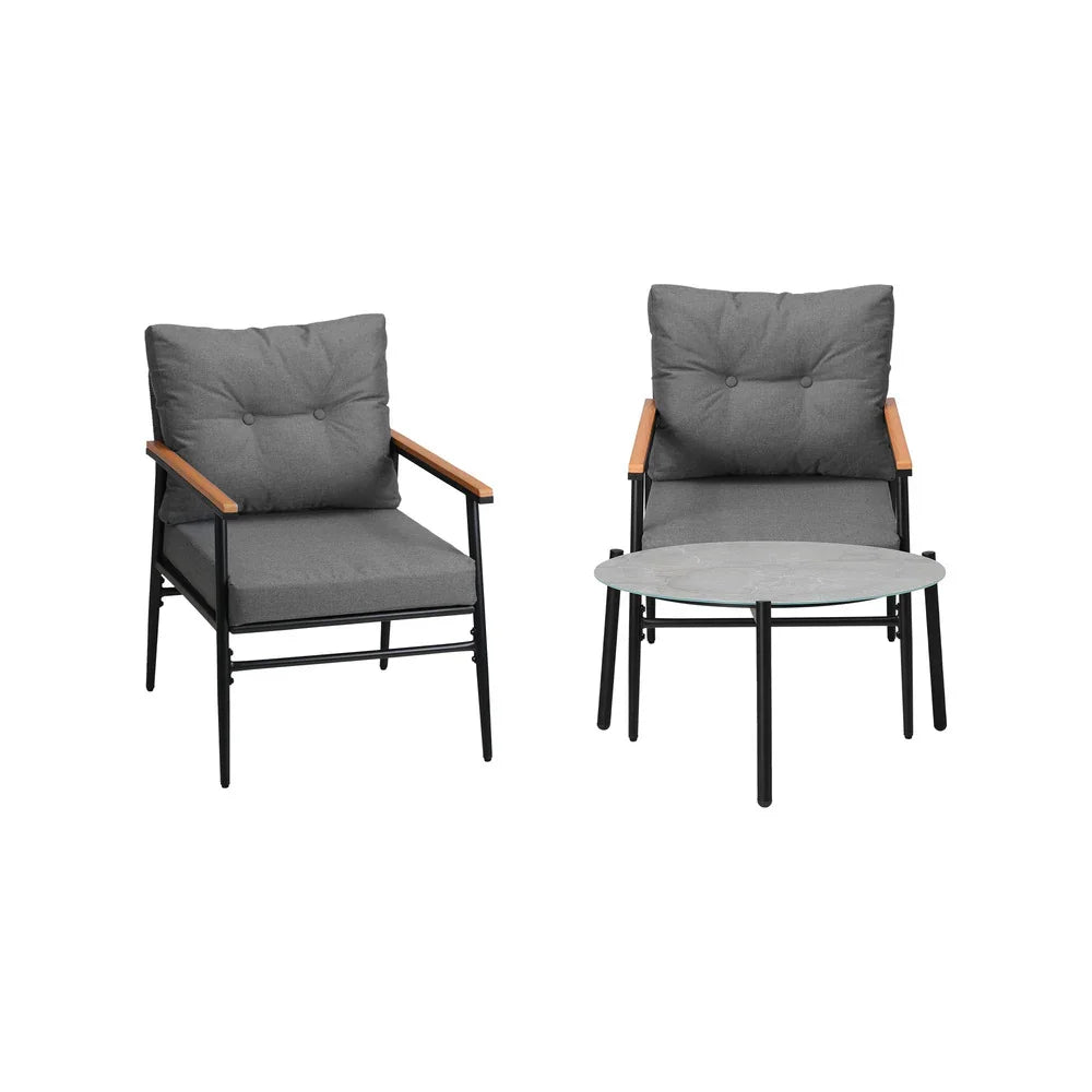 3PC Outdoor Patio Set 70cm Table Grey and Black Armchairs