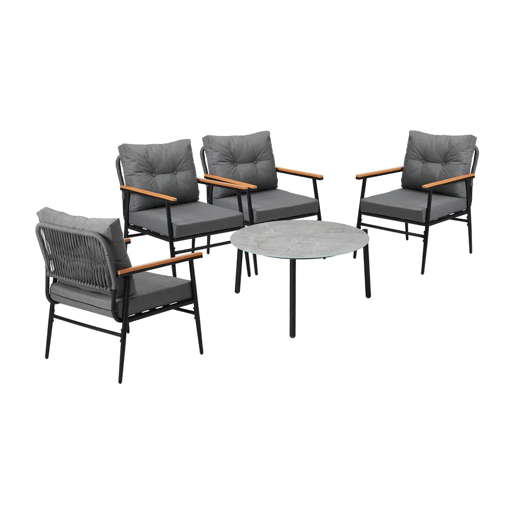 5pc Outdoor Patio Setting 70cm Table Grey and Black Armchairs