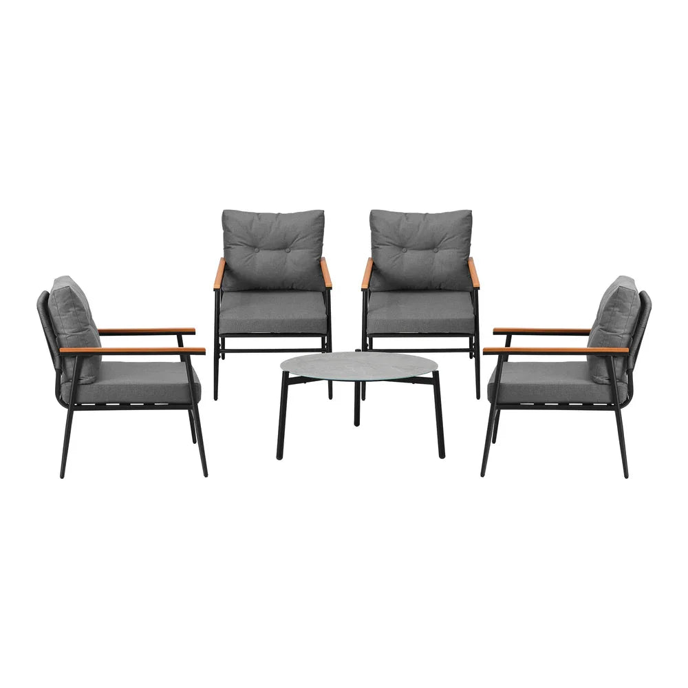 5pc Outdoor Patio Setting 70cm Table Grey and Black Armchairs