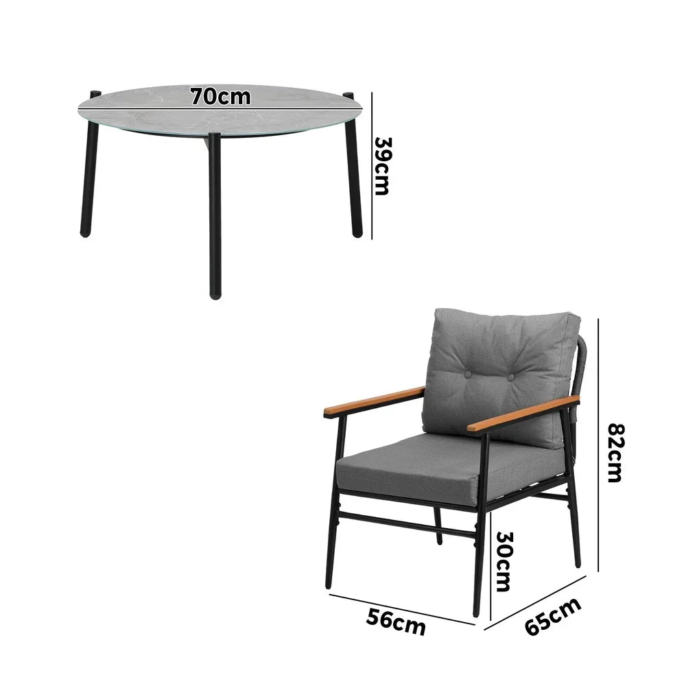 5pc Outdoor Patio Setting 70cm Table Grey and Black Armchairs