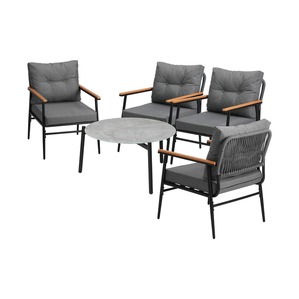 5pc Outdoor Patio Setting 70cm Table Grey and Black Armchairs