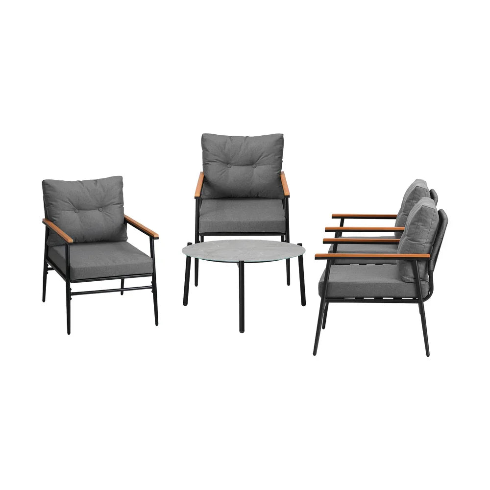 5pc Outdoor Patio Setting 70cm Table Grey and Black Armchairs