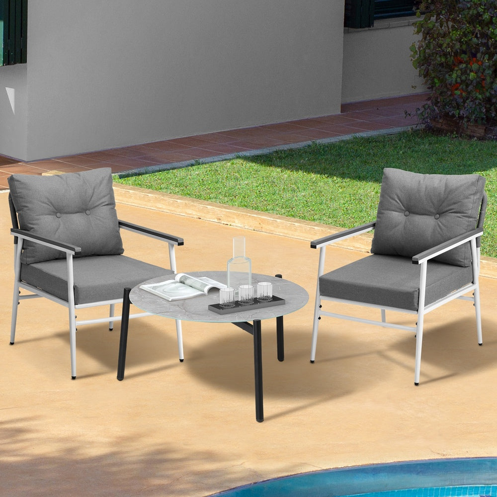 3PC Outdoor Patio Set 70cm Table Grey and White Armchairs