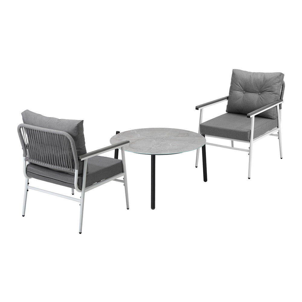 3PC Outdoor Patio Set 70cm Table Grey and White Armchairs