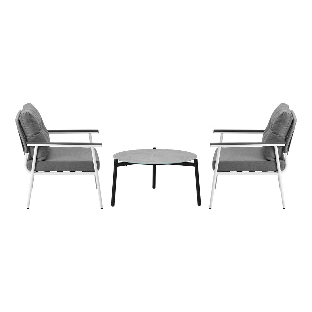 3PC Outdoor Patio Set 70cm Table Grey and White Armchairs