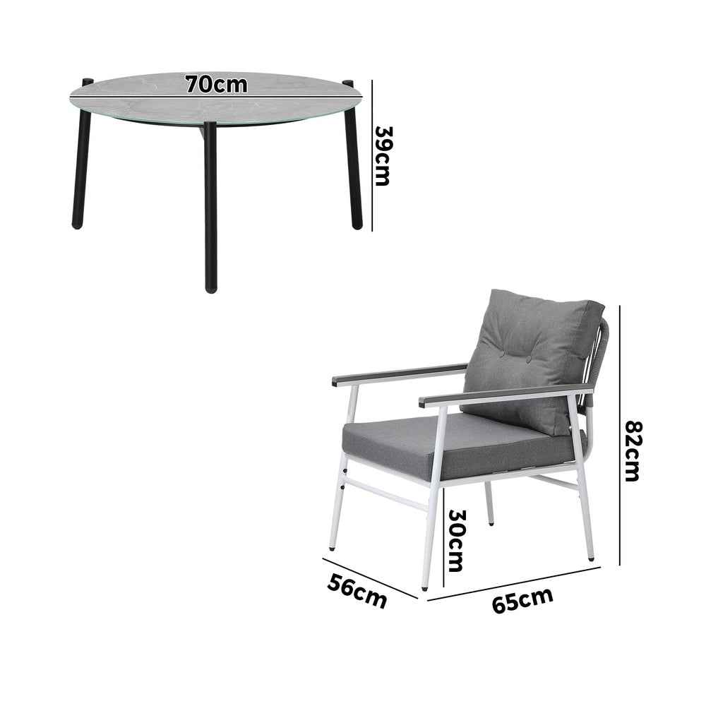3PC Outdoor Patio Set 70cm Table Grey and White Armchairs
