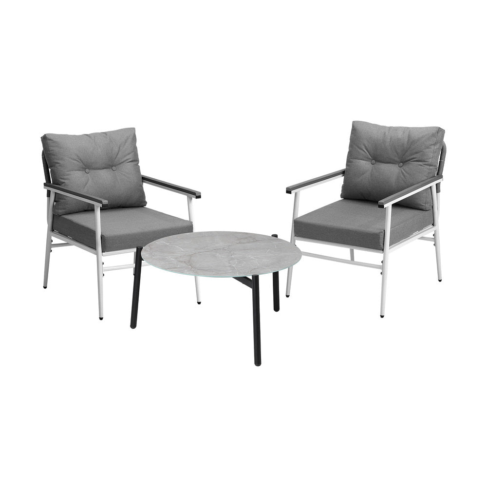3PC Outdoor Patio Set 70cm Table Grey and White Armchairs