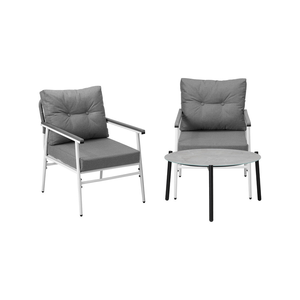 3PC Outdoor Patio Set 70cm Table Grey and White Armchairs