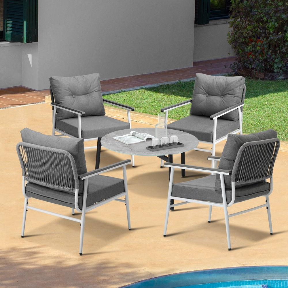 Outdoor Patio Set 5PC 70cm Table Grey and White Armchair