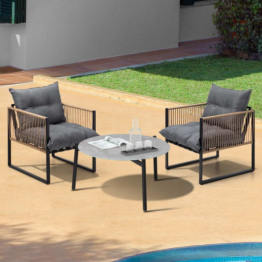 3PCS Outdoor Patio Set Grey 70cm Coffee Table Rattan Chairs