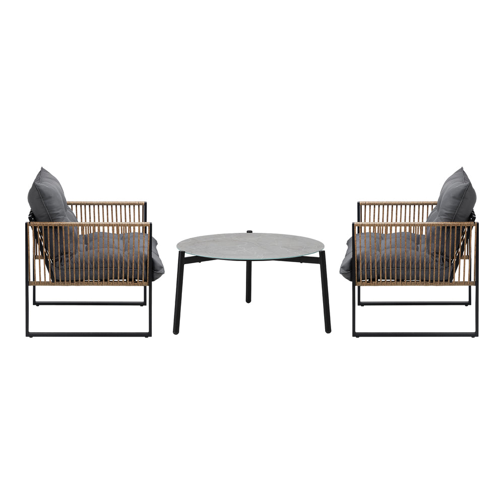 3PCS Outdoor Patio Set Grey 70cm Coffee Table Rattan Chairs