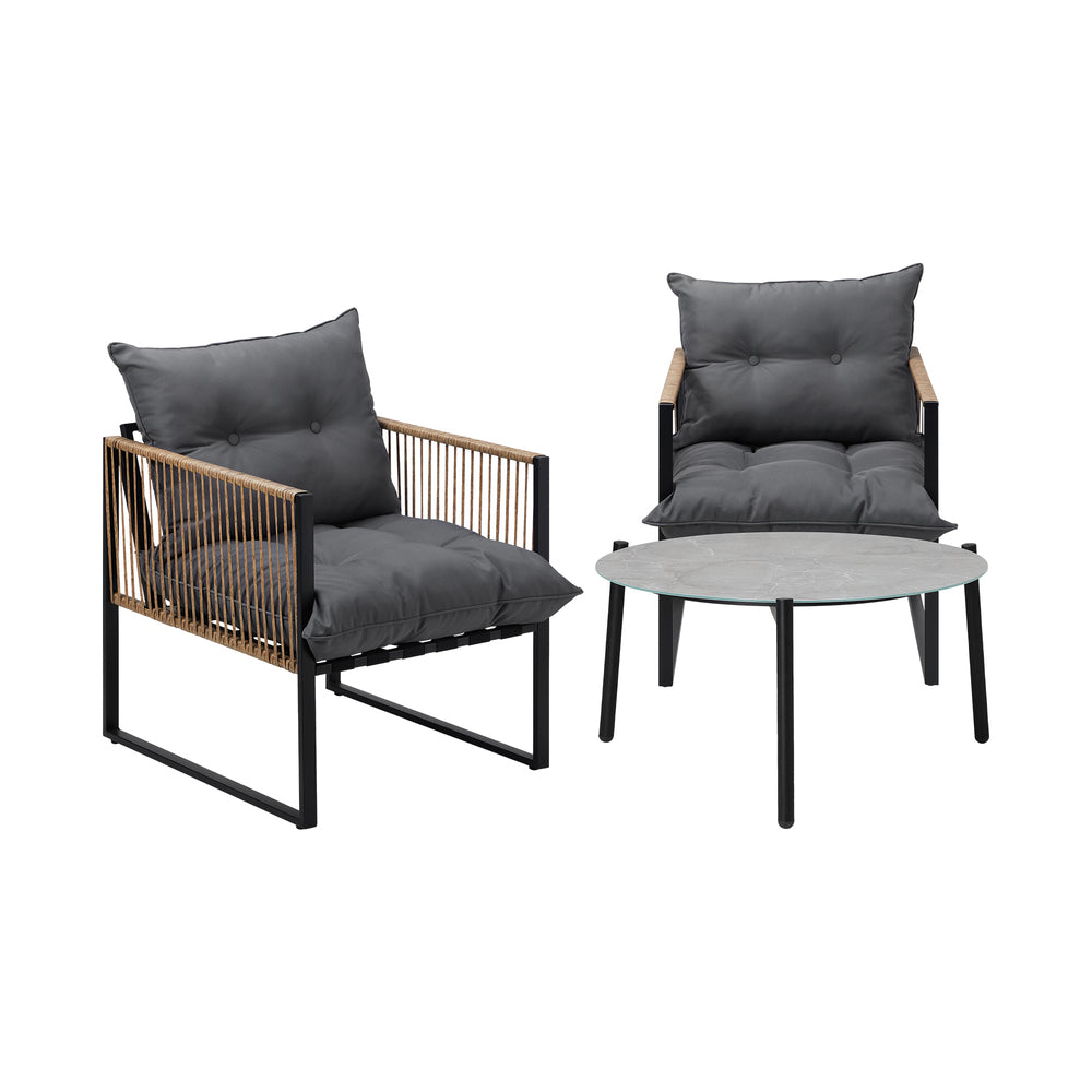 3PCS Outdoor Patio Set Grey 70cm Coffee Table Rattan Chairs