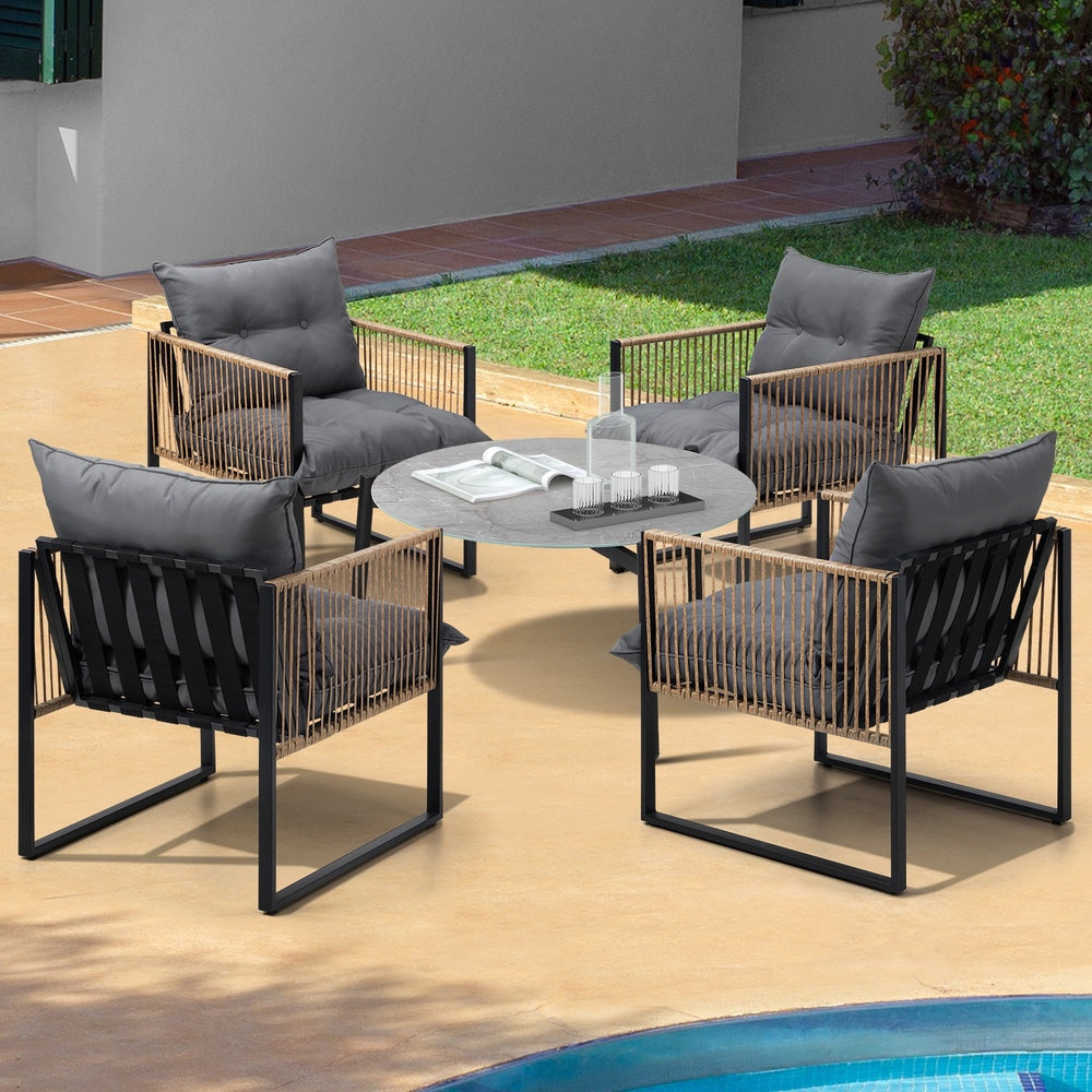 5PCS Outdoor Patio Set 70cm Grey Coffee Table Rattan Chairs