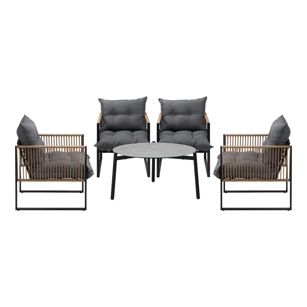 5PCS Outdoor Patio Set 70cm Grey Coffee Table Rattan Chairs