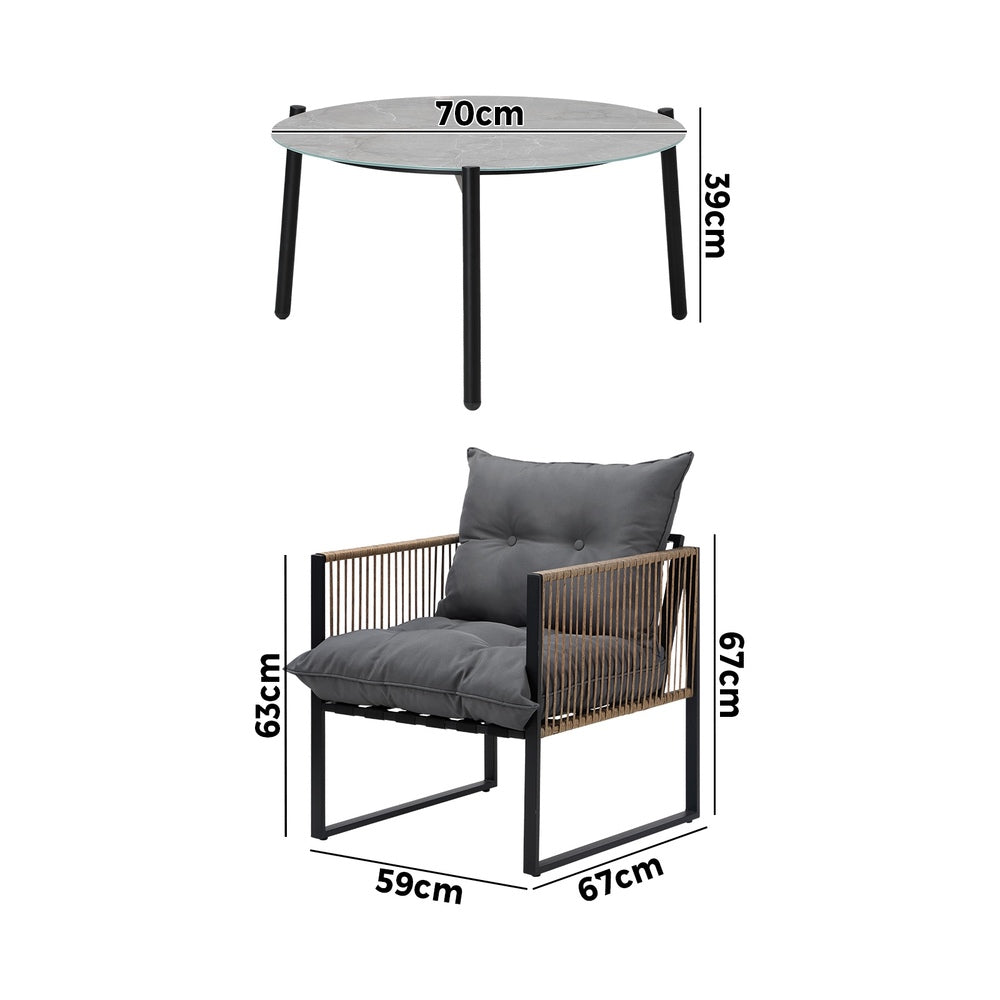 5PCS Outdoor Patio Set 70cm Grey Coffee Table Rattan Chairs