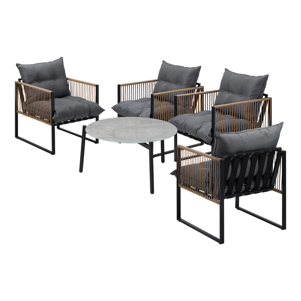 5PCS Outdoor Patio Set 70cm Grey Coffee Table Rattan Chairs