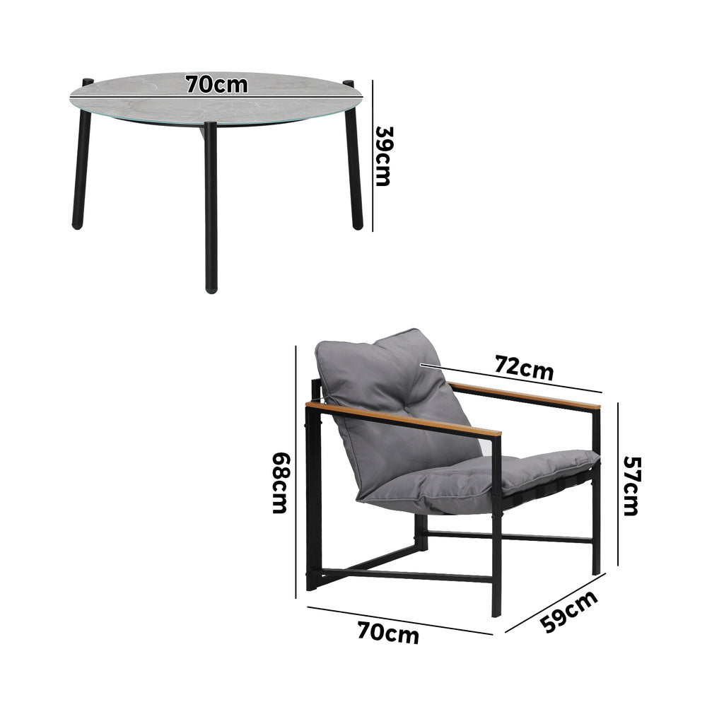 Livsip 3PC Outdoor Patio Set 70CM Round Table with 2 Armchairs