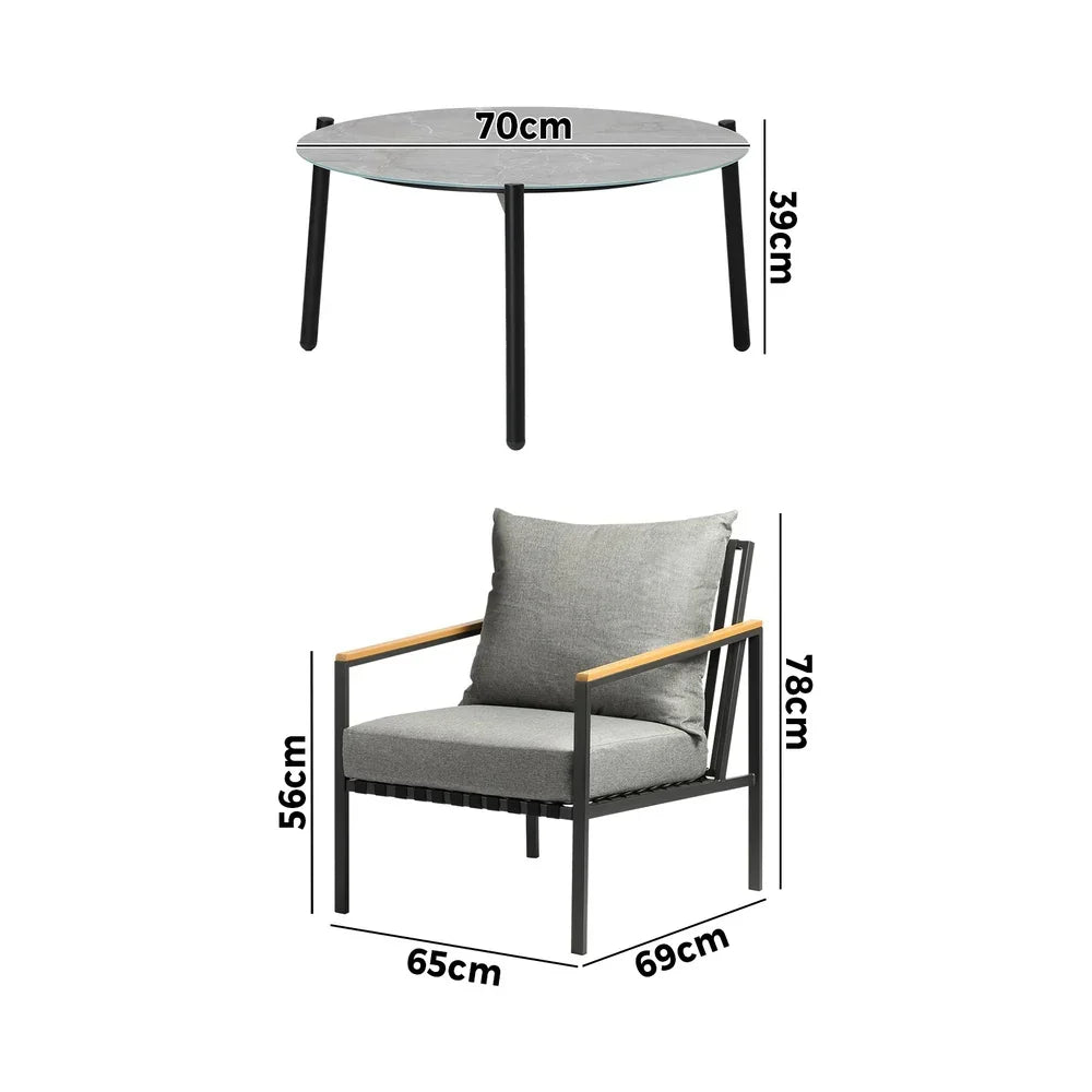 3PCS Outdoor Lounge Set Grey 70cm Coffee Table Chairs