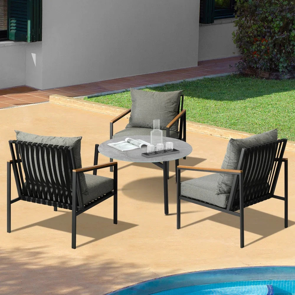 4PCS Outdoor Lounge Set Grey 70cm Coffee Table with Chairs