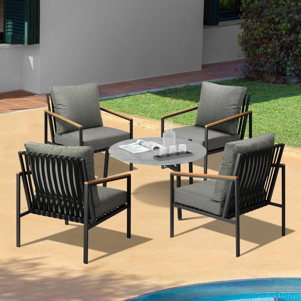 5PC Outdoor Patio Set Grey 70cm Coffee Table Sofa Chairs