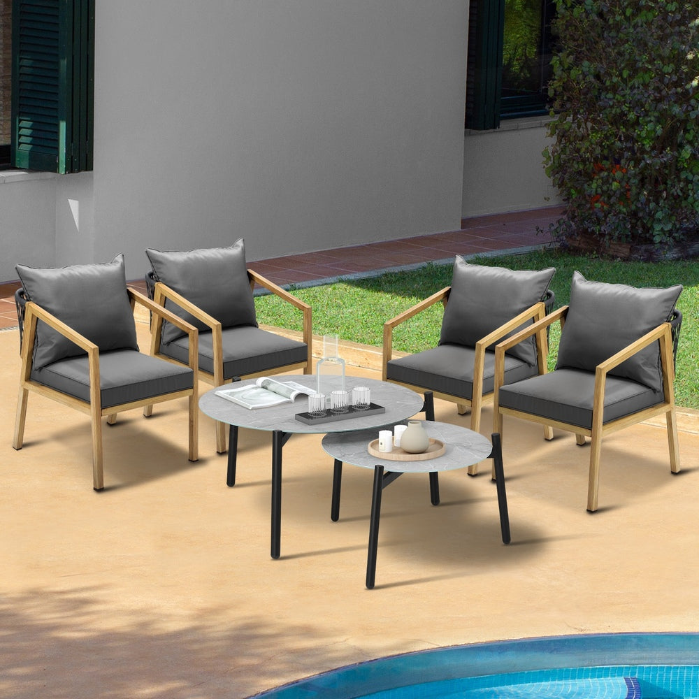 Livsip 6PCS Outdoor Patio Set Grey 70cm Coffee Table Set Natural Chairs