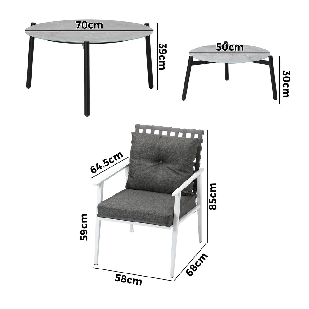 6pc Outdoor Patio Set Grey Round Table 4pc Rattan White Chairs