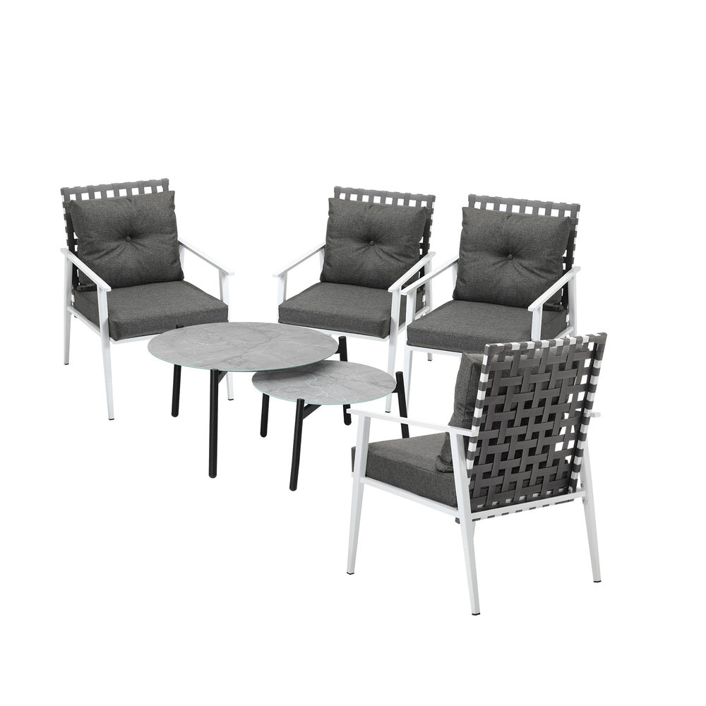 6pc Outdoor Patio Set Grey Round Table 4pc Rattan White Chairs