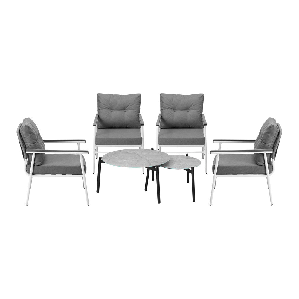 6PCS Outdoor Patio Set Grey Table Set with White Chairs