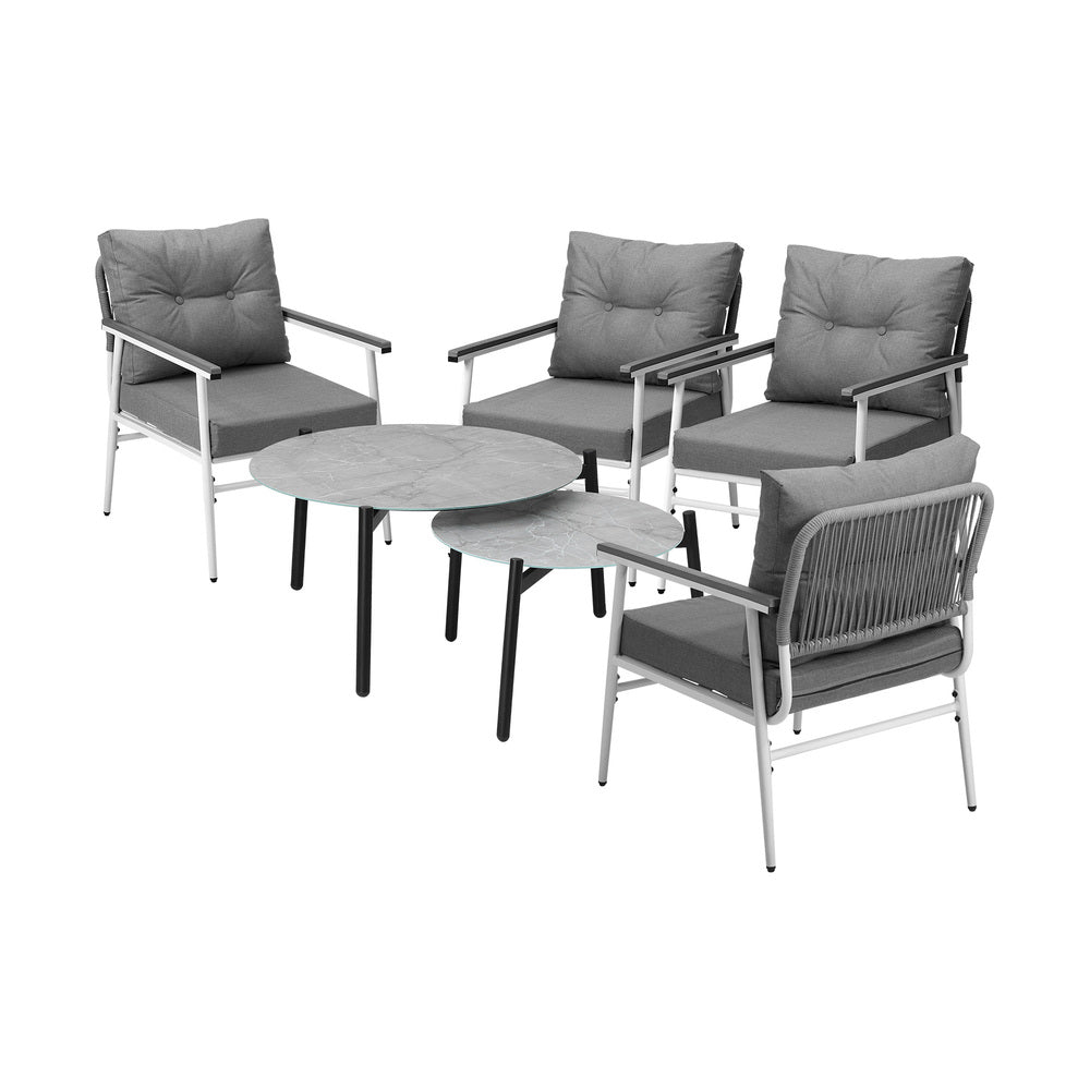 6PCS Outdoor Patio Set Grey Table Set with White Chairs