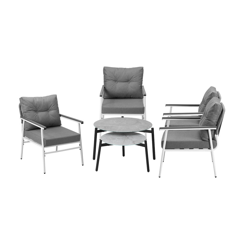 6PCS Outdoor Patio Set Grey Table Set with White Chairs